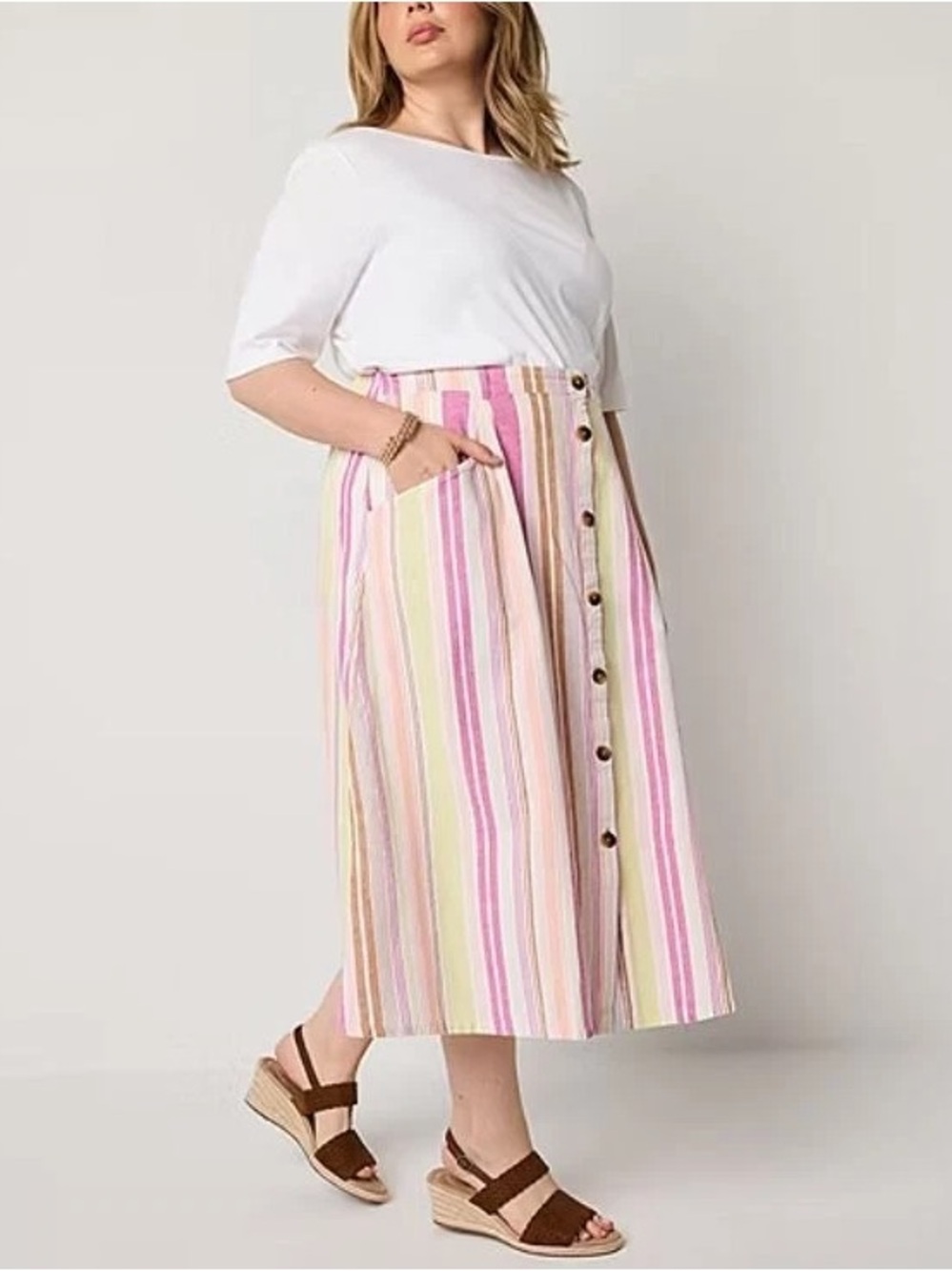 NWT St. John's Bay Linen Blend Midi Skirt Large L Stripe Button Front Pastel
